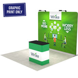10ft QuickZip Straight print only display presented in angled booth layout with podium.